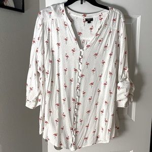 ☀️ 2 FOR $30 ☀️ Flamingo & Polka-Dot Button-Down Torrid Tab-Sleeve Blouse - 3X